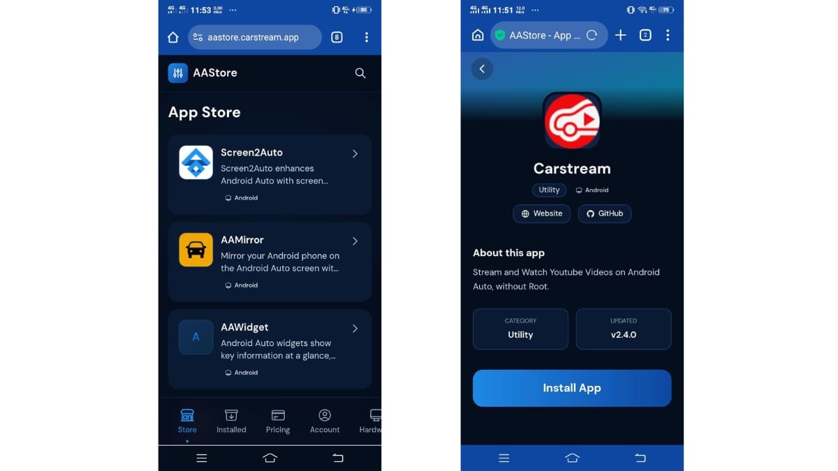 Carstream APK official download page on AAStore showing the download button